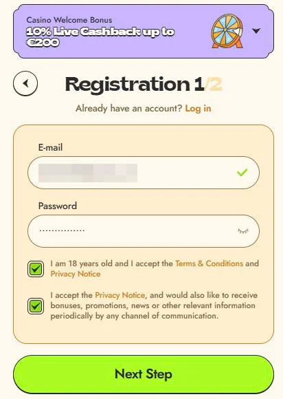 register form vinylcasino 1 step